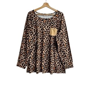NWT Quacker Factory Leopard Print Top With Rhinestone Pocket, Long Sleeves, 2X